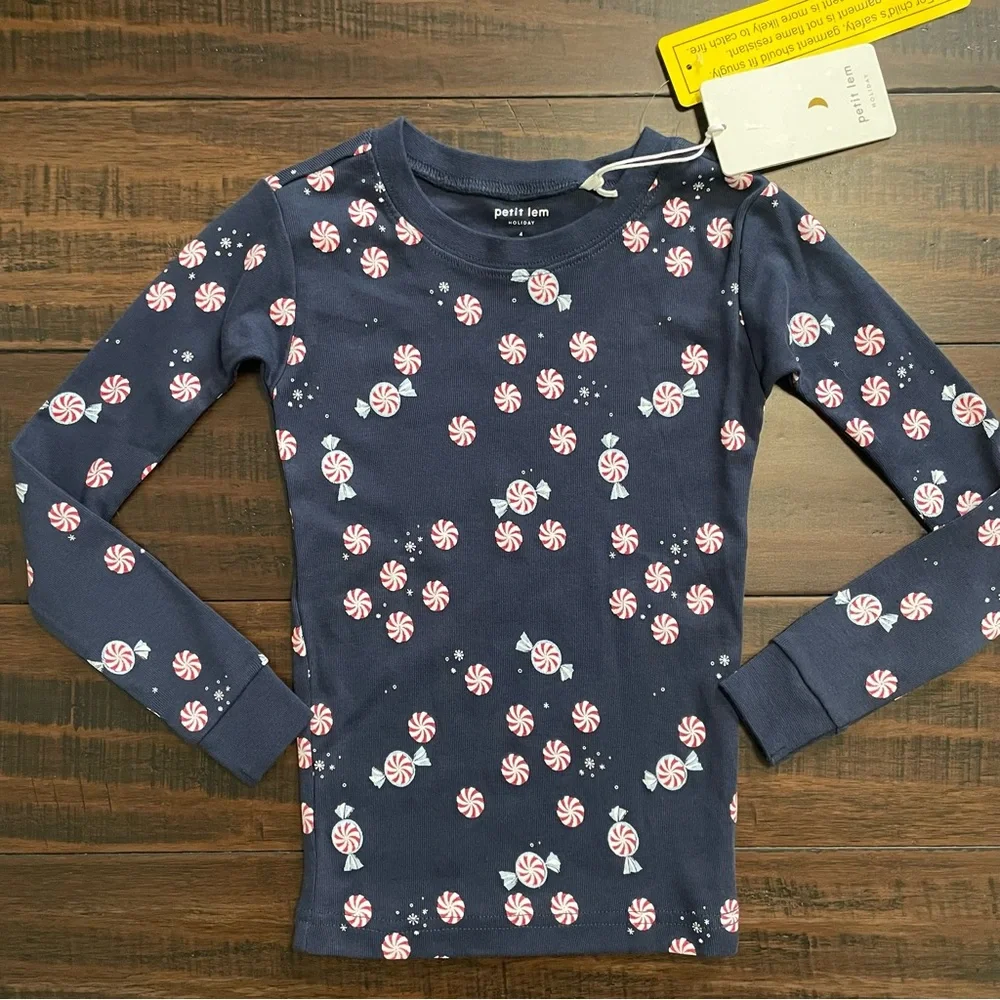 Petit Lem Navy Blue Peppermint Starlight Spiral Holiday Pajama Set NWT